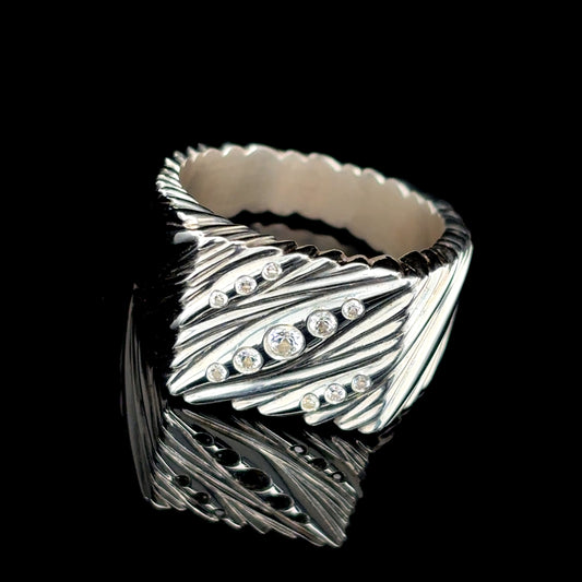 Flow Square Signet Ring with White Sapphires - Size 9.5